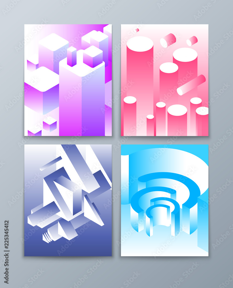 Poster isometric abstract shapes. 3d futuristic geometric objects in trendy colors. vector brochure collect