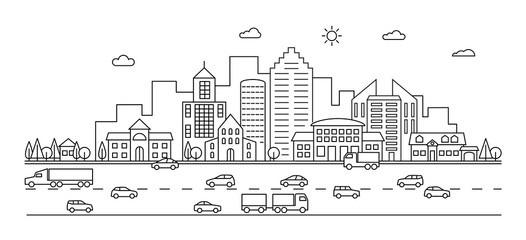 Line city. Outline town street with buildings and cars. Modern vector doodle cityscape and transportation. Illustration of town and city street line