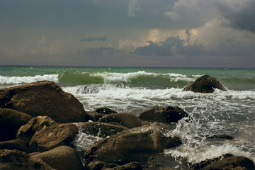 Sea waves at the rocky shore.