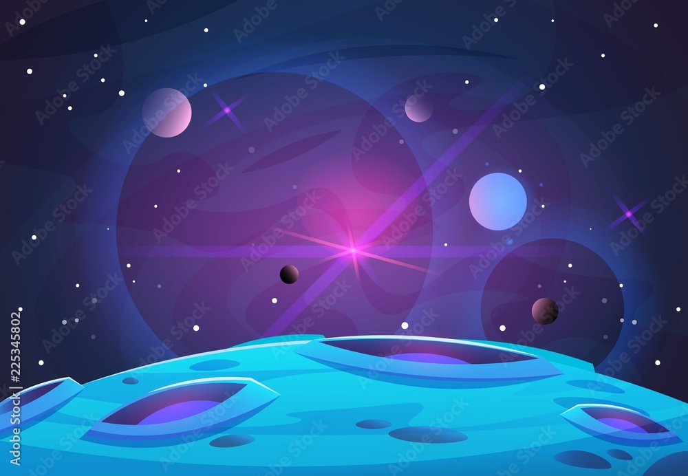 Poster space and planet background. planets surface with craters, stars and comets in dark space. vector il