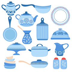 Cartoon cookware. Kitchen crockery and glassware. Dishes, cup and teapot. Cooking tools vector isolated set. Illustration of crockery and cookware