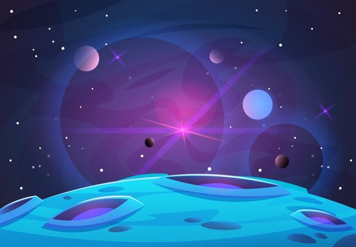 Space and planet background. Planets surface with craters, stars and comets in dark space. Vector illustration. Space sky with planet and satellite