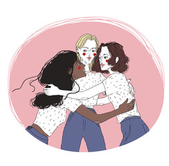 Group portrait of young girls on friendly meeting. Female friends hugging each other. Three cuddling women isolated on white background. Colored hand drawn illustration for poster, banner