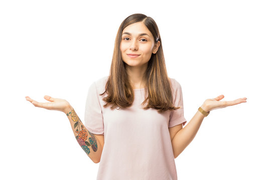 Beautiful Young Woman Holding Imaginary Objects