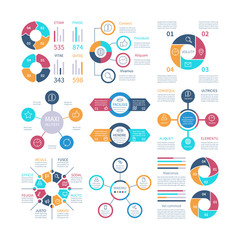 Infographic design. Pie charts and step circle diagram, text layouts bar graphs and histograms. Vector infographics set of color infochart illustration - obrazy, fototapety, plakaty