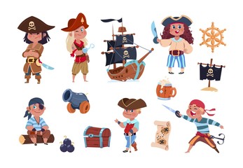 Cartoon pirates. Funny pirate captain and sailor characters, ship treasure map vector collection. Captain ship character, pirate children illustration - obrazy, fototapety, plakaty