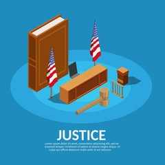 Low poly law justice isometric mallet of the judge jury characters vector illustration 3d