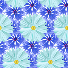 	Vector horizontal seamless background with light blue daisies and blue, lilac cornflowers 