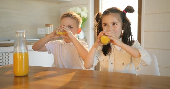 A beautiful girl and boy drinking fresh juice at home. Kids drinking juicy smoothie. Healthy life concept, copy space.