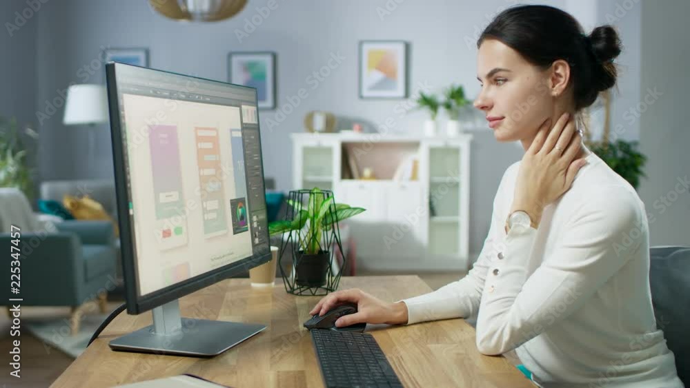 Poster beautiful female software designer works on a ux / ui mobile app template, uses personal computer. f
