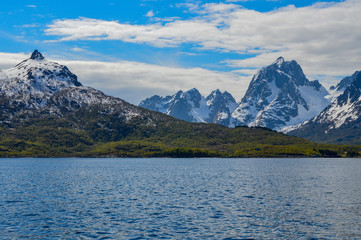 Fjord in Lofoten with snowed mountain, Norway.