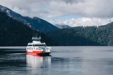 A ferry boat entering Puerto Fuy in the lakes district of Chile, which leads to a border crossing into Argentina