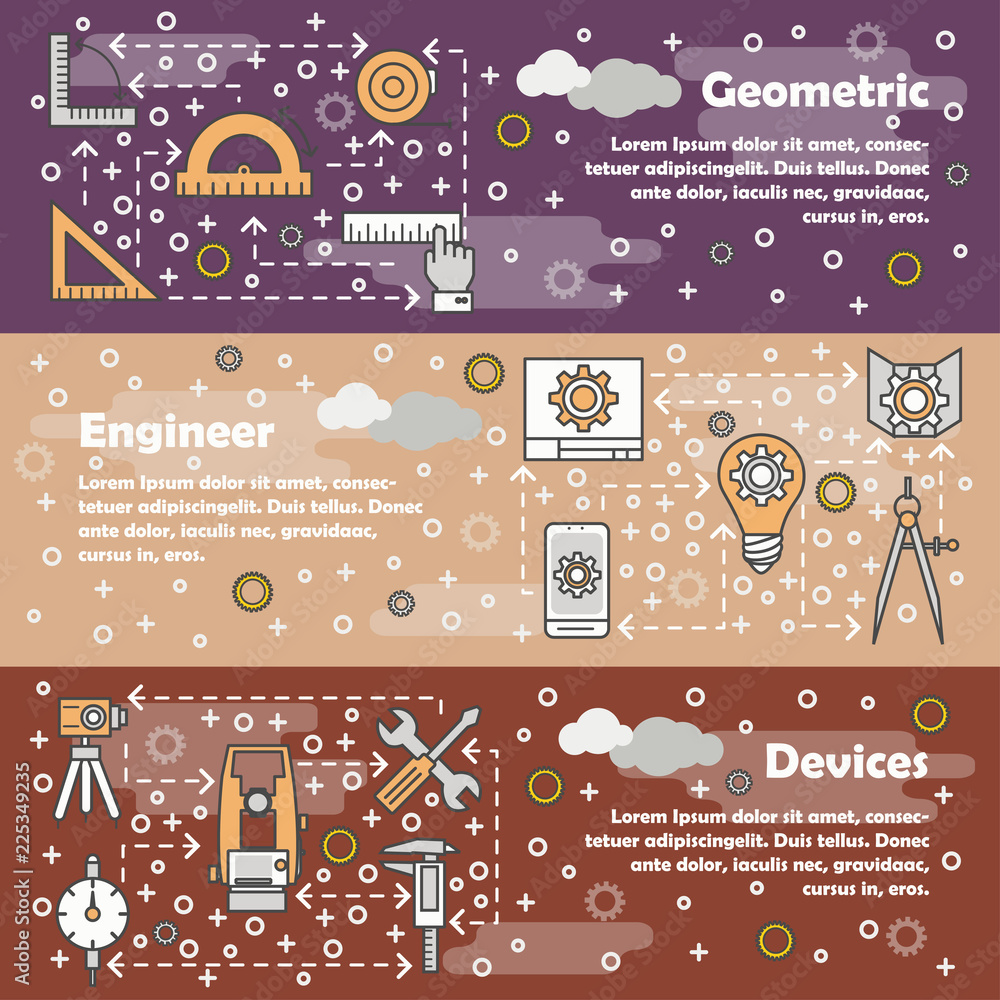 Poster vector thin line engineer web banner template set
