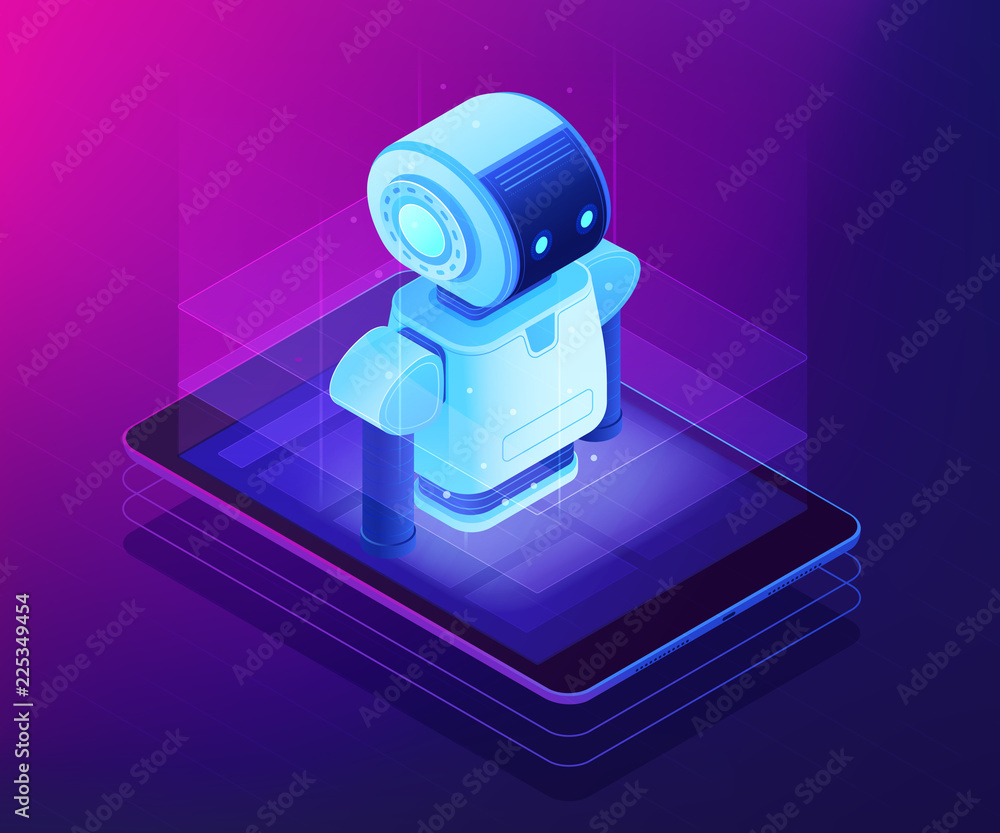 Poster robot on mobile phone or tablet screen. mobile robotics and chat bot, robotics startup, robotics cou
