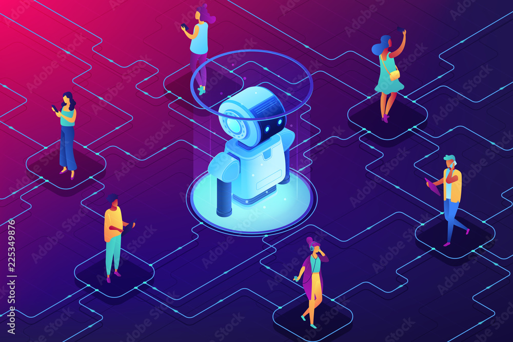Poster robot interacting with people with digital gadgets. robot network security, human-robot interaction 