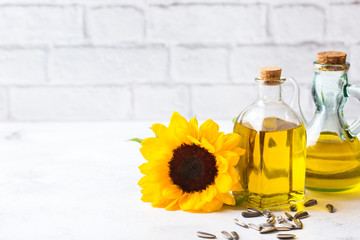 Assortment of fresh organic extra virgin sunflower oil in bottles
