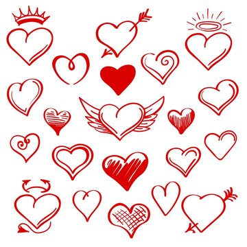 Hand drawn hearts. Vector red sketch heart set with wings and arrows, crown and horns for st valentine day