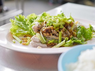 Boiled fish dip with sauce and vegetable, Boiled Sea Bass with rice - Thai food, ocean fish