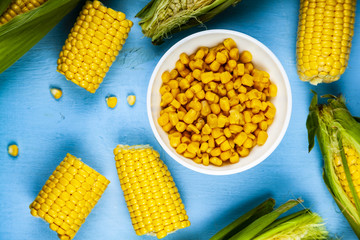 Raw and canned corn in a white bowl.