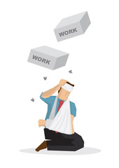 Bricks with a title work falling down on injured businessman. Concept of misfortune, sabotage or crisis happening on the corporate world. Vector illustration.