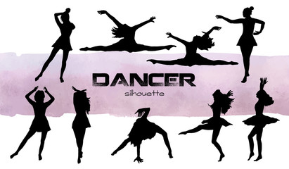 Vector illustration. Girls in dance silhouettes . Dancer set.