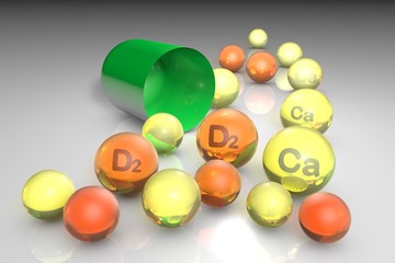 Open capsule with essential vitamin D2 and calcium pills. Vitamin and mineral complex. Healthy life concept. Medical background. 3d illustration