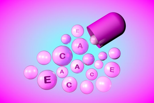 Open capsule with essential vitamin A, C, E pills on colorful background. Vitamin and mineral complex. Healthy life concept. Medical background. 3d illustration
