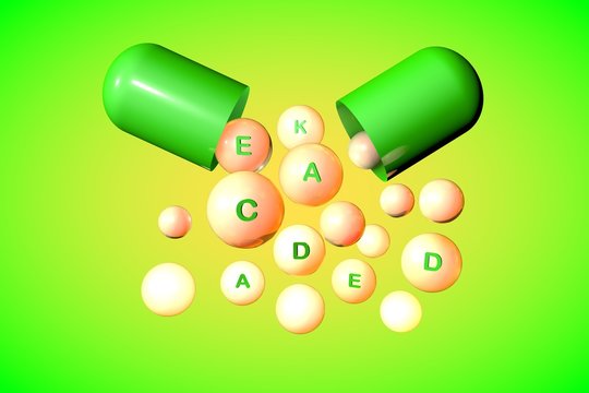 Open capsule with essential vitamin A, C, D, E, K pills on colorful background. Vitamin and mineral complex. Healthy life concept. Medical background. 3d illustration