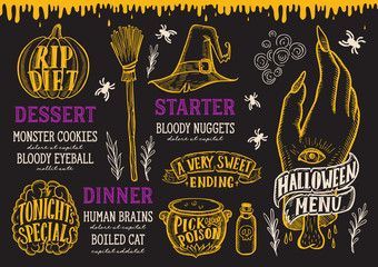 Halloween food menu on a chalkboard.