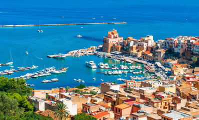Aerial view of harbor and historic part of Castellammare del Golfo, province of Trapani, Sicily island, Italy - obrazy, fototapety, plakaty