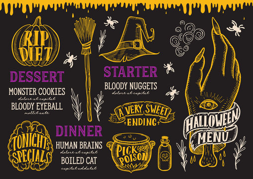 Halloween food menu on a chalkboard.