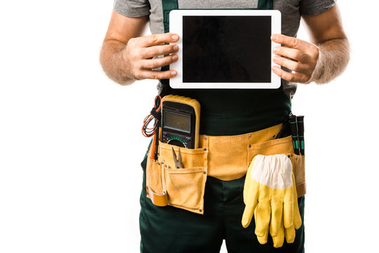 Cropped Image Of Electrician Holding Tablet With Blank Screen Isolated On White