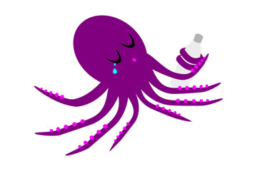 Environmental conservation concept. Purple octopus found and holding an empty plastic bottle and feel sad (crying with tear drops). Flat design vector illustration, EPS10.