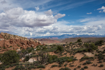 Vast desert landscape inside of Arches National Park. Clouds and blue sky with desert sagebrush in foreground