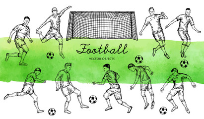Vector illustration. Pen style drawn vector set. Football players. Vector objects set.