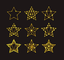 Golden geometric stars in the art deco style, varying degrees of detail. Modern design. Vector illustration