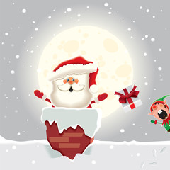 Christmas card-the elf adds gifts to Santa Claus who that divides them through the chimney.Vector illustration.