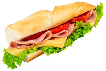 Fresh baguette sandwich with ham, cheese, tomatoes, and lettuce isolated on white background.