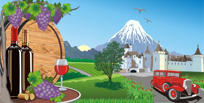 Landscape-wine, grapes and a wooden barrel for wine. Castle and retro car on the background of mountains and vineyards.