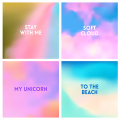 Abstract vector beach blurred background set. 4 colors set. Square blurred sea backgrounds set - sky clouds sea ocean beach colors With love quotes
