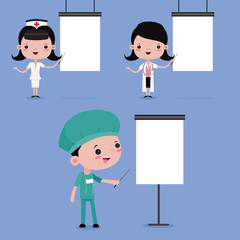 Nurse and Doctor on presentation, vector cartoon