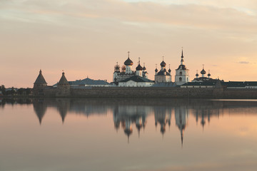 View of Solovetsky monastery in summer on sunset