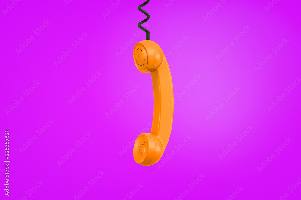 Poster 3d rendering of a orange retro phone receiver hangs from a black cord on a purple background.