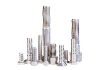 Many types of metal bolts, isolated. Cityscape made from bolts