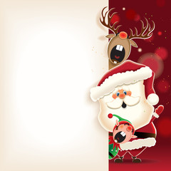 Christmas companion-Santa Claus, Reindeer and Elf with blank signboard on sparkle red background.