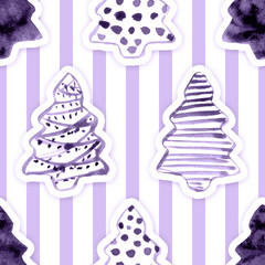 Seamless Pattern with Hand Drawn Watercolor Christmas Tree on Stripped Background for Your Holidays Design. Realistic Paper Applique, Cutout. Good for Wrapping, Wallpaper, Fabric, Banners, Posters.