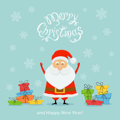 Happy Santa with colored presents on a blue Christmas background
