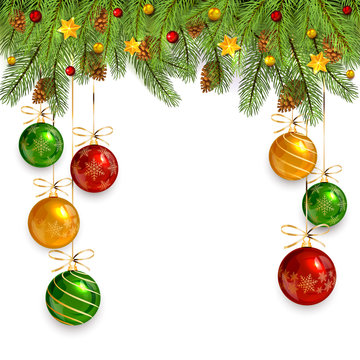 Christmas decorations on white background with fir tree branches and baubles