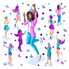 Isometry of a large girl against the background of small teenagers, a generation of Z, bright colors of clothes and hair, colorful, rainbow, unicorns, cake part6
