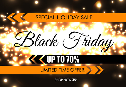 Black Friday glow sparkling web banner. Black text on dark luminous night background. Special holiday sale. Up to 70 percent discount. Limited time offer. Firework sparks holiday poster.